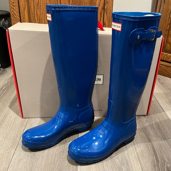 HUNTER WOMENS ORIGINAL TALL GLOSS RAIN BOOTS SIZE 8 AZURE BLUE NWT! - Picture 2 of 5